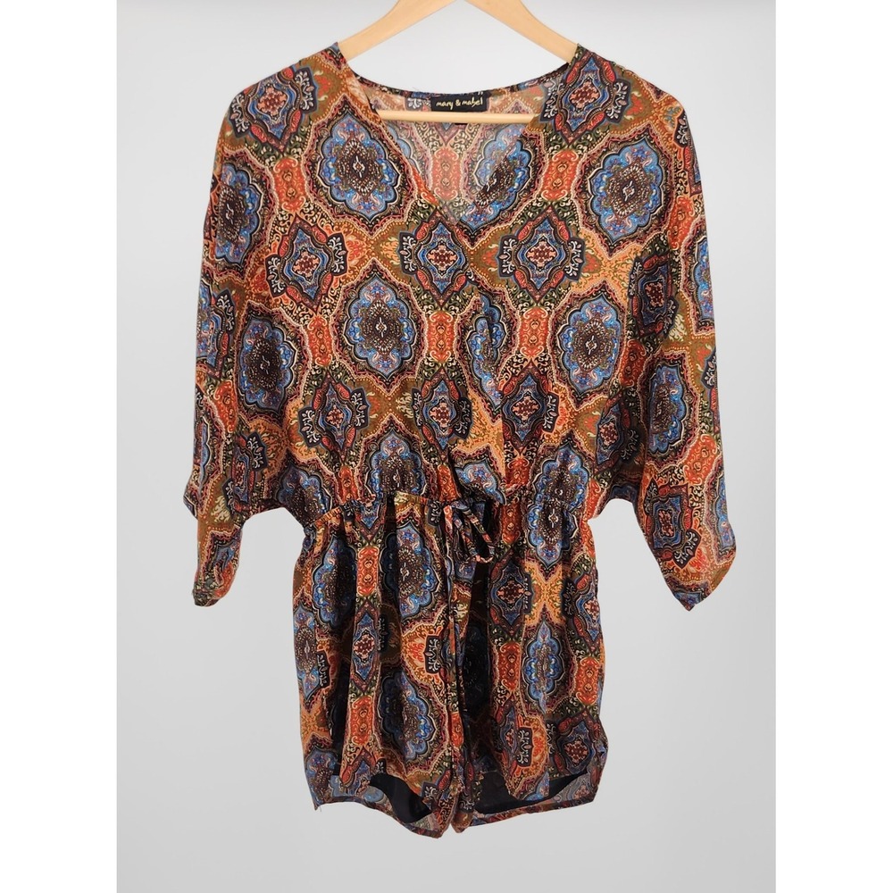 Mary & Mabel Womens XS Paisley Romper Orange Blue V-Neck Boho Festival